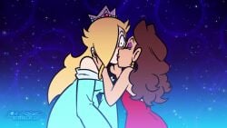10s 2girls animated blonde_female blonde_hair blush brandon_santiago_(artist) brown_hair brunette clothed clothed_female female female/female female_only kissing lesbian_couple lesbian_kiss lipstick mario_(series) multiple_girls music pauline princess_rosalina red_lipstick rosalina saliva saliva_trail sound sound_effect surprise_kiss tongue video wet_kiss yuri