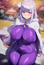1girl 1girls absurd_res absurd_resolution absurdres ai_generated ass ass_up big_ass big_breasts big_butt bodysuit breasts breasts_out cameltoe covered_nipples curvy elf elf_ears elf_female emilia_(re:zero) female female_focus female_only fingernails fingers hi_res high_quality high_resolution highres huge_ass huge_breasts human jewelry light-skinned_female light_skin meiogun puffy_nipples purple_eyes pussy re:zero_kara_hajimeru_isekai_seikatsu sitting skindentation smile smiling smiling_at_viewer steam white_hair wide_hips wide_thighs