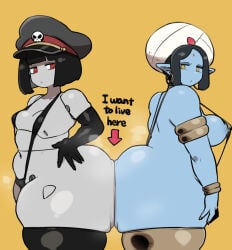 2girls ass belly belly_button belly_overhang big_ass big_belly big_belly_button big_belly_girl big_breasts big_butt big_navel breasts butt chubby chubby_female digital_drawing_(artwork) digital_media_(artwork) dumptruck_ass dumptruck_butt fat fat_ass fat_butt fat_female genie_(harusame10000) genie_(siva-siva) hamo03_x harusame10000 huge_ass huge_belly huge_belly_button huge_breasts huge_butt huge_navel large_ass large_belly large_breasts large_butt navel overweight overweight_female robot_commander_(bingbingzi) robot_girl sagging_belly sagging_breasts simple_background small_breasts