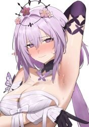 1girl arm_behind_head arm_up armpits bandages bare_shoulders black_tiara blush breasts bug butterfly castorice_(honkai:_star_rail) dress embarrassed flasso flower gloves hair_flower hair_ornament highres honkai:_star_rail honkai_(series) insect large_breasts long_hair looking_at_viewer pointy_ears presenting_own_armpit purple_eyes purple_gloves purple_hair simple_background solo sweat tiara upper_body white_background white_dress