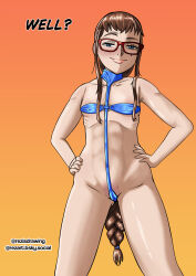 1girl bikini blue_bikini blue_eyes braid breasts brown_hair covered_nipples glasses hands_on_own_hips long_hair looking_at_viewer meme meme_attire mole o-ring_one-piece_swimsuit orange_background partially_visible_vulva red-framed_eyewear rezart ribs simple_background single_braid slingshot_swimsuit small_breasts smile smug solo sophia_(rezart) standing swimsuit very_long_hair