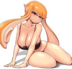 big_breasts black_bra inkling inkling_girl kaori_(splatoon) long_hair nobunagapero orange_eyes orange_hair peronattu plump_thighs splatoon tentacle_hair white_background
