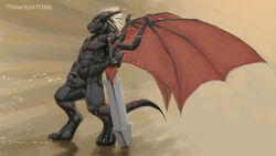 1boy 2009 balls claws cum dragon male male_only masturbation muscles penis scalie silver_fenrir solo sword tail uncut weapon wings