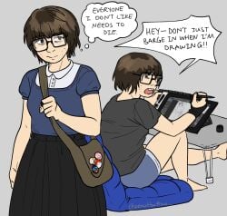 1girl absurdres artist_glove badge bag bags_under_eyes black_eyes black_shirt black_skirt blouse blue_shirt brown_hair buck_teeth button_badge commentary drawing_(action) drawing_tablet english_commentary english_text eyebrows_hidden_by_hair female female_only glasses grey_background grey_shorts highres holding holding_stylus jimiko long_skirt messenger_bag multiple_views original penutbuttaa pimple puffy_short_sleeves puffy_sleeves shirt short_hair short_sleeves shorts shoulder_bag simple_background sitting skirt solo speech_bubble stylus teeth thought_bubble twitter_username white_shirt