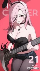 1girl 1girls adult adult_female belt belt_buckle big_boobs big_breasts black_bunny_ears black_choker black_legwear black_pantyhose black_shorts blue_fingernails blue_nail_polish blue_nails breasts bunny_ears busty busty_female busty_girl choker dayyo_(daydarion/day-chan) eyebrows_hidden_by_hair fingernails guitar hair_covering_eye hair_over_eye hair_over_one_eye hololive hololive_english large_boobs large_breasts lean_figure legwear mature mature_female mori_calliope nail_polish nails narrow_waist pantyhose pink-eyed_female pink-haired_female pink_background pink_eyes pink_hair pink_hair_female shorts slender_body slender_waist slim-waist slim_female virtual_youtuber vtuber vtuberfanart