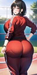 ai_generated ass blush huge_ass idolmaster idolmaster_cinderella_girls looking_back pantylines plump short_hair stable_diffusion takafuji_kako thick_thighs wide_hips