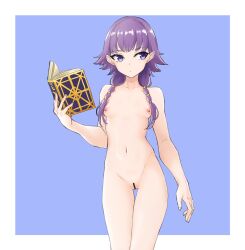 1girls bar_censor blue_background blue_eyes book braid breasts censored completely_nude female female_only fire_emblem fire_emblem:_the_sacred_stones lute_(fire_emblem) medium_hair nintendo nipples nude nude_female purple_hair pussy simple_background small_breasts solo thigh_gap tonomirakani twin_braids