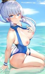 blue_eyes blue_hair blue_one-piece_swimsuit breasts breasts_out genshin_impact kamisato_ayaka niduannowu swimsuit thigh_strap