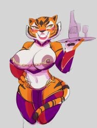 2018 4_fingers anthro areola armwear big_areola big_breasts big_nipples blush bottle bottomwear breasts cheek_tuft clothing colored_sketch container countershading cup dbaru detached_sleeves digital_media_(artwork) dreamworks exposed_breasts facial_tuft felid female fingers fur glass glass_container glass_cup gold_(metal) grey_background grin hand_on_hip handwear hi_res holding_object holding_plate huge_areola huge_breasts kung_fu_panda legwear lipstick loincloth looking_aside makeup mammal markings master_tigress multicolored_body multicolored_clothing multicolored_fur navel nervous nervous_smile nipple_chain nipples orange_body orange_eyes orange_fur pantherine pink_areola pink_nipples portrait prick_ears purple_clothing red_clothing red_lipstick serving sharp_teeth shelf_bra simple_background sketch smile solo standing striped_body striped_fur striped_markings striped_tail stripes tail_markings teeth thick_thighs thigh_highs three-quarter_portrait tiger tuft two_tone_body two_tone_fur waiter whiskers white_body white_fur yellow_sclera