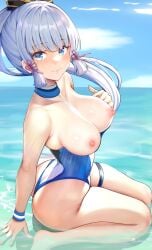 blue_eyes blue_hair blue_one-piece_swimsuit breasts breasts_out genshin_impact kamisato_ayaka niduannowu swimsuit thigh_strap