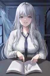 big_breasts bulge_through_clothing bulging_breasts curvy_female curvy_figure lillly long_hair looking_at_viewer school_uniform silver_hair smiling_at_viewer tight_clothes tight_fit