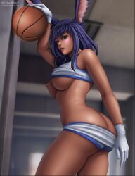 1girls 2021 areolae ass ass_cleavage basketball basketball_uniform blue_eyes breast_outside breasts bunny_ears butt_crack clothes_lift dark-skinned_female dark_skin estelle_(oxoqube) facial_markings female female_only final_fantasy final_fantasy_xiv flowerxl gloves lola_bunny_(cosplay) long_hair looking_at_viewer looney_tunes narrowed_eyes nipples one_breast_out purple_hair shorts_down side_view solo solo_female space_jam thick_thighs underboob viera