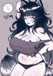 arm_behind_head black_hair black_panties cat_ears chubby huge_breasts megrocks milf mob_face mommy one_eye_closed solo_female tail torn_clothes