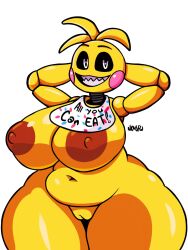 beakless bib big_breasts black_sclera breasts female five_nights_at_freddy's five_nights_at_freddy's_2 heart heart-shaped_pupils ineffective_clothing nipples nknsfw pink_cheeks pussy shark_teeth solo tagme toy_chica_(fnaf) yellow_skin