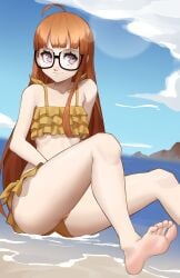 1girls ahoge atlus bare_shoulders barefoot bikini bra clothed collarbone feet female female_only frilled_bikini glasses greek_toe highres legs light-skinned_female long_hair looking_away ocean orange_hair outdoors outside panties persona persona_5 purple_eyes sakura_futaba sitting sitting_in_water sky smile solo swimsuit thighs underwear x_xith_x yellow_swimsuit