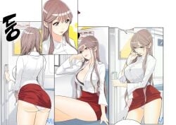 1girls areola_slip artist_request breast_squeeze breasts crossed_legs ground_vehicle highres korean korean_female korean_text light_brown_hair manhwa microskirt miniskirt red_microskirt red_miniskirt red_skirt shirt shirt_unbuttoned skirt tagme thick_thighs train white_shirt