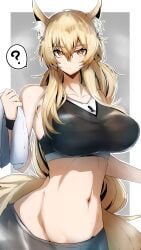 1girls 2023 ? animal_ears arknights belly belly_button blonde_hair breasts collarbone gin_moku hi_res horse_ears horse_girl horse_tail large_breasts light-skinned_female light_skin long_hair looking_at_viewer navel nearl_(arknights) solo sports_bra standing tail towel upper_body very_long_hair yellow_eyes