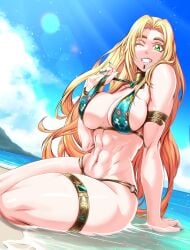 1girls 2022 abs armlet athletic athletic_female beach bikini blonde_hair breasts facial_piercing fate/grand_order fate_(series) female female_only fit fit_female green_eyes grin hi_res hips huge_breasts light-skinned_female light_skin long_hair muscular muscular_female outdoors pointy_teeth quetzalcoatl_(fate) slim_waist smile tagme thick_thighs thighlet thighs wide_hips wink zantyarz