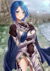 1girls :d absurdres alternate_costume aqua_(kingdom_hearts) arm_guards armor bare_thighs black_gloves blue_cape blue_eyes blue_hair blush breasts cape corrin_(female)_(fire_emblem)_(cosplay) cosplay covered_navel day female female_only fire_emblem fire_emblem_fates gloves grin hand_on_own_chest highres inner_thighs kingdom_hearts large_breasts lens_flare nintendo nori_chazuke outdoors parted_lips pelvic_curtain short_hair sign smile solo thighs