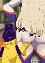 1boy 1girls 2d ass_grab big_ass blonde_hair femsub flippant_male ghostnerdy hero_outfit_(mha) intern maledom minoru_mineta mount_lady my_hero_academia older_female purple_hair size_difference small_dom_big_sub stealth_ass_grab submissive_female utter_domination younger_male yuu_takeyama