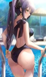 1girls 2022 artist_request ass ass_focus ass_shot back back_view black_hair breasts bubble_ass bubble_butt female female_only genshin_impact green_eyes hips huge_ass kumi86kumi light-skinned_female light_skin long_hair medium_breasts mona_(genshin_impact) one-piece_swimsuit outdoors pool poolside slim_waist swimsuit thick_thighs thighs twintails water wet wet_body wide_hips