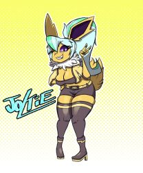 big_breasts breasts character_name cinderdraws eeveelution female jacket jolteon pokémon_(species) pokemon purple_eyes smile tagme thick_thighs white_fur wink yellow_fur