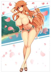 1girls areolae beach breasts female female_only highres huge_breasts long_hair looking_at_viewer nami navel nipples no_bra one_piece orange_eyes orange_hair panties post-timeskip solo standing sweat thighs very_long_hair virus-g