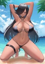 1girls arms_up bangs beach big_breasts bikini black_hair blue_eyes breasts camel_toe dark-skinned_female dark_skin female large_breasts looking_at_viewer mole mole_under_mouth original solo spread_legs squatting swimsuit tatakau_ataisuru thick_thighs thigh_strap thighs ultra_(511455329) zara_moussa