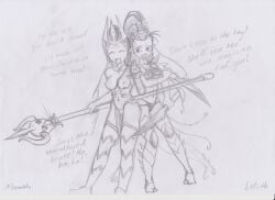 2girls breasts crossover dark_eldar dark_elf dialogue druchii drukhari elf elf_ears english_text female female_only lelith_hesperax morathi sketch text warhammer_(franchise) warhammer_40k warhammer_fantasy