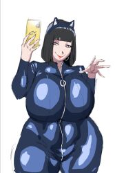 1girls big_breasts bodysuit boruto:_naruto_next_generations cat_ears halloween halloween_costume hyuuga_hinata lipstick looking_at_viewer mature_female milf naruto selfie smiling thick_thighs tight_clothing tits venus_body wide_hips zetomeso