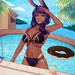 1girls 2021 bikini blue_eyes bunny_ears dark-skinned_female dark_skin detailed_background drink estelle_(oxoqube) facial_markings female female_only final_fantasy final_fantasy_xiv hi_res inflatable long_hair looking_at_viewer narrowed_eyes pool poolside purple_hair satannie smiling_at_viewer solo solo_female viera