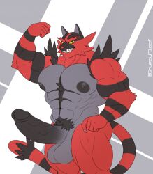 anthro balls bara barazoku big_balls big_penis boner erection feline flexing furry game_freak gay grumpyfloof incineroar male male_only muscles muscular nintendo penis pokemon pokemon_sm red_fur solo solo_male