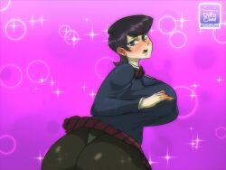 big_ass big_breasts dittochad huge_ass komi-san_wa_komyushou_desu komi_shuuko looking_at_viewer looking_back microskirt milf panties_visible_through_clothing pov purple_eyes purple_hair school_uniform schoolgirl_uniform short_hair skirt small_clothes small_skirt underwear venus_body