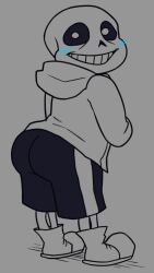 1boy 2022 animated_skeleton anterior_nasal_aperture ass ass_focus blue_blush blush bone bottomwear butt butt_focus clothing footwear grey_background grin hoodie humanoid keithenel looking_at_viewer looking_back male male_only sans shorts simple_background skeleton slippers smile solo standing teeth topwear undead undertale undertale_(series) video_games