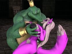 3d_(artwork) anthro areola big_breasts black_areola black_nipples breasts canid canine canis crown deep_kiss digital_media_(artwork) donkey_kong_(series) duo ear_piercing ear_ring female fur green_body green_scales hair k_rool kissing kremling male male/female mammal nintendo nipples piercing pink_body pink_fur ring_piercing scales scalie sparkpad video_games white_hair wolf yuni_hermit