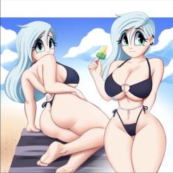 1girls big_ass big_breasts bikini blue_hair cassette_(saymanart) hourglass_figure looking_at_viewer mole_on_ass mole_under_eye original popsicle saymanart smile thick_thighs wide_hips