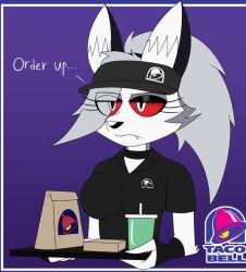 anthro breasts food furry hair_over_one_eye hellhound helluva_boss loona_(helluva_boss) red_sclera taco_bell wolf