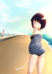 2girls annoyed ass beach black_hair clothes clothing earlobes kyoka_jiro looking_at_viewer looking_back mina_ashido my_hero_academia petite purple_hair sasa441 short_hair sweater watermark