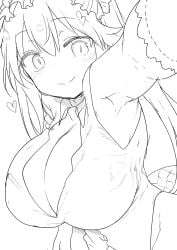 1girls armpits big_breasts blush cleavage cool-kyou_shinja dragon_girl dragon_tail female heart large_breasts maid maid_headdress miss_kobayashi's_dragon_maid monochrome monster_girl smile solo tagme tohru_(dragon_maid)