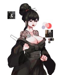 black_eyes black_hair breasts cleavage female kimono large_breasts library_of_ruina project_moon sayo sayo_(library_of_ruina) shoulder_tattoo tagme