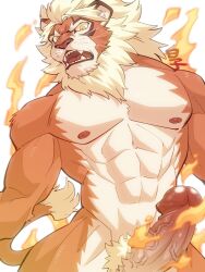 41raco anthro blonde_hair erection fire genitals hair hi_res hybrid japanese_text looking_angry magnos_(world_flipper) male male_only nude pecs penis shirako solo solo_male tail_tuft text tuft world_flipper