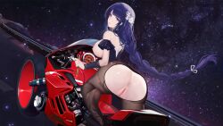 ass bare_shoulders black_pantyhose breasts female genshin_impact ground_vehicle highres long_braid long_hair looking_at_viewer motor_vehicle motorcycle pantyhose purple_eyes purple_hair pussy raiden_shogun solo yizhibao