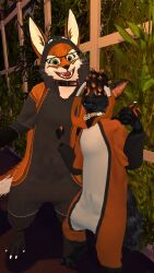 anthro anthro_only black_fur black_paws canid canine collar collared ekkyb fox fur furry furry_only green_eyes looking_at_viewer male male_only motofox_(big_red_folf) onesie open_mouth orange_fur rexouium smiling socks_(marking) vr_media white_belly white_claws