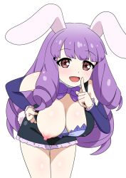 animal_ears areola blush bow_ribbon breasts brown_eyes bunny_ears chuchu_(show_by_rock!!) erect_nipples female highres huge_breasts humanoid large_breasts long_hair mammal mammal_humanoid nipples one_breast_out open_mouth purple_hair sanrio show_boobs show_by_rock!! showing_breasts simple_background solo