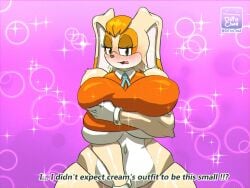 ! !!? anthro beige_fur blush brown_eyes clothes_too_small dittochad hand_on_breast milf mostly_nude orange_fur orange_hair pov rabbit sonic_(series) sonic_the_hedgehog_(series) trying_on_clothes vanilla_the_rabbit venus_body waist_up