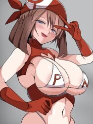 1girls 2022 alternate_breast_size bandana bikini_top blue_eyes breasts brown_hair cleavage female huge_breasts kia-shi light-skinned_female light_skin may_(pokemon) naughty_face nintendo peace_sign pokemon pokemon_rse smile white_bikini_top