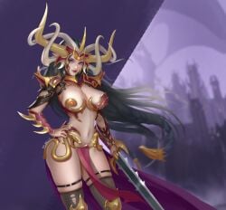 1girls black_hair dark_elf druchii elf elf_ears female female_only light-skinned_female looking_at_viewer morathi revealing_clothes skimpy skimpy_armor solo solo_female stockings unconvincing_armor warhammer_(franchise) warhammer_fantasy