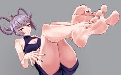 barefoot blue_eyes call_of_the_night feet feet_together feet_towards_viewer feet_up flexible_toes iberiko_(soinesitai) looking_at_viewer nanakusa_nazuna purple_hair smiling_at_viewer soles thighs toe_curl toe_scrunch toenail_polish toes vampire yofukashi_no_uta