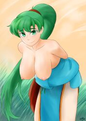 1girls bare_legs bare_shoulders bare_thighs breasts breasts_out collarbone enbu female female_only fire_emblem fire_emblem:_the_blazing_blade grass green_eyes green_hair large_breasts leaning_forward legs long_hair looking_at_viewer lyn_(fire_emblem) nintendo nipples outdoors pelvic_curtain ponytail redraw shoulders solo thighs topless undressing very_long_hair