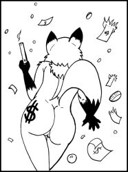 anthro ass canid canine currency_symbol dollar_sign female fox genitals gun mammal miss_fortune_(disambiguation) money monochrome nude pussy ranged_weapon rear_view reddragonkan solo spy symbol tattoo traditional_media_(artwork) weapon